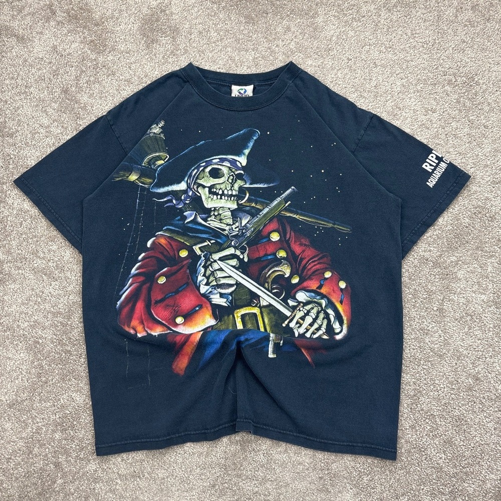 Vintage Y2K Liquid Blue Pirate Skeleton T Shirt Large